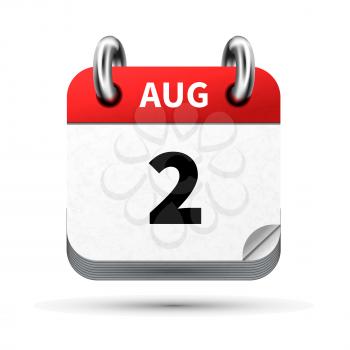 Bright realistic icon of calendar with 2 august date on white