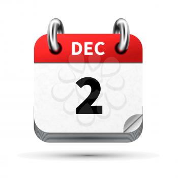 Bright realistic icon of calendar with 2 december date on white