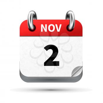 Bright realistic icon of calendar with 2 november date on white