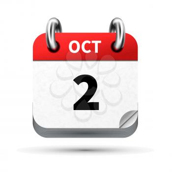 Bright realistic icon of calendar with 2 october date on white