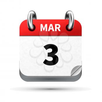 Bright realistic icon of calendar with 3 march date on white
