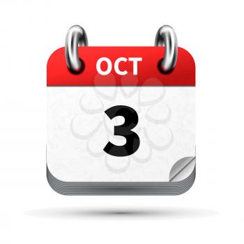 Bright realistic icon of calendar with 3 october date on white