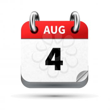 Bright realistic icon of calendar with 4 august date on white
