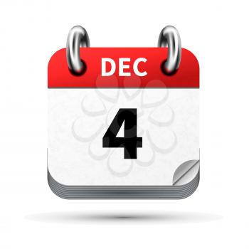 Bright realistic icon of calendar with 4 december date on white