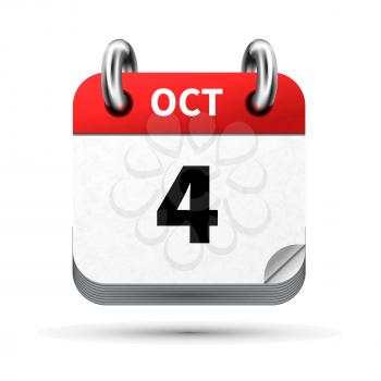 Bright realistic icon of calendar with 4 october date on white