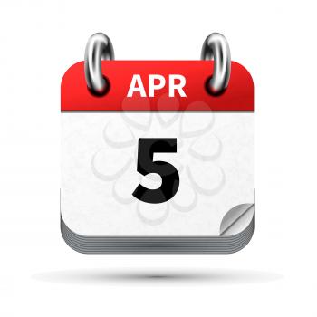 Bright realistic icon of calendar with 5 april date on white