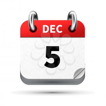 Bright realistic icon of calendar with 5 december date on white