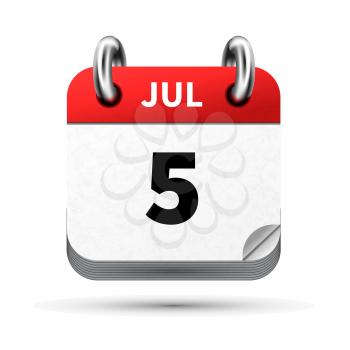 Bright realistic icon of calendar with 5 july date on white