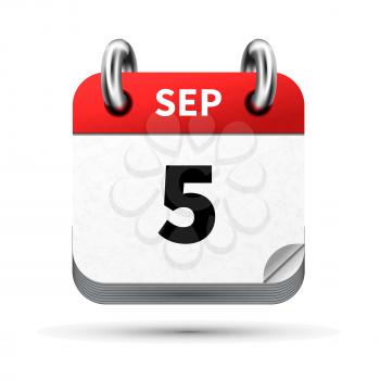 Bright realistic icon of calendar with 5 september date on white