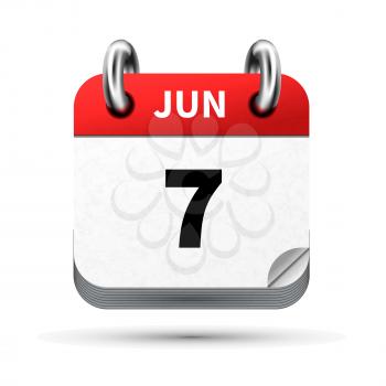 Bright realistic icon of calendar with 7 june date on white