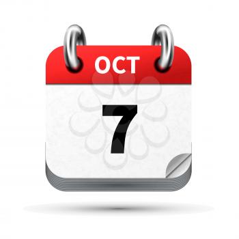 Bright realistic icon of calendar with 7 october date on white