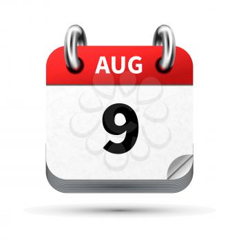 Bright realistic icon of calendar with 9 august date on white