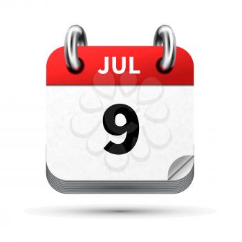 Bright realistic icon of calendar with 9 july date on white