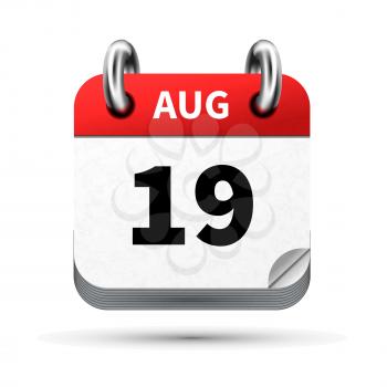 Bright realistic icon of calendar with 19 august date on white