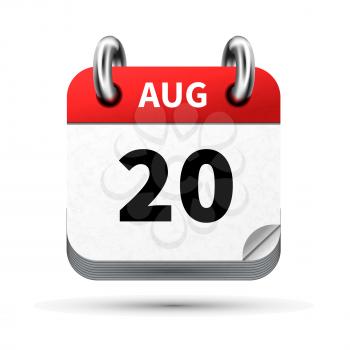Bright realistic icon of calendar with 20 august date on white