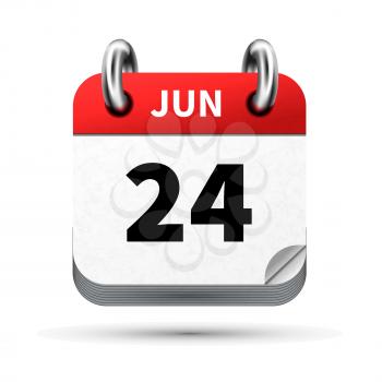 Bright realistic icon of calendar with 24 june date on white