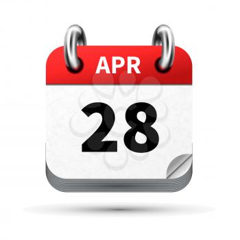 Bright realistic icon of calendar with 28 april date on white