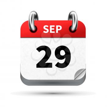 Bright realistic icon of calendar with 29 september date on white