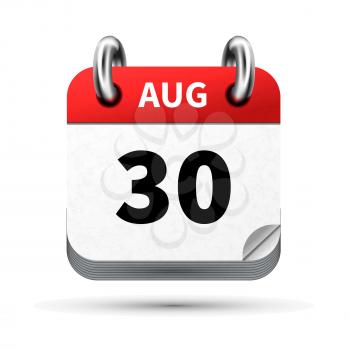 Bright realistic icon of calendar with 30 august date on white