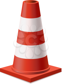 Bright red and white road cone on white