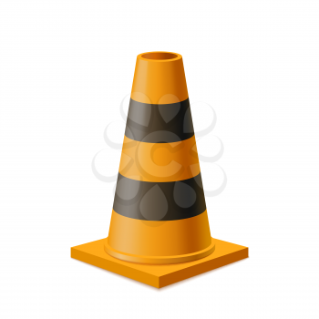 Bright yellow and black road cone on white