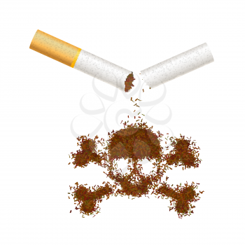 Broken realistic cigarette with tobacco leaves in skull sign. Smoking kills concept illustration isolated on white.