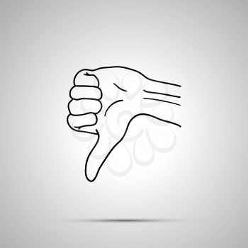 Cartoon hand in dislike gesture, simple outline icon on gray