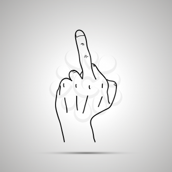 Cartoon hand in middle finger gesture, simple outline icon on gray
