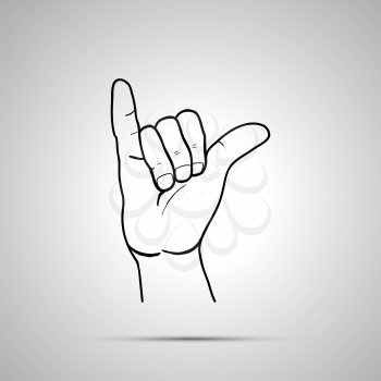 Cartoon hand in shaka gesture, simple outline icon on gray