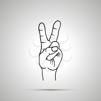 Cartoon hand in victory gesture, simple outline icon on gray