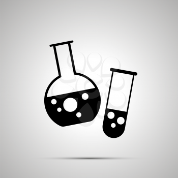 Chemical flasks with bubbles silhouette, simple black icon with shadow