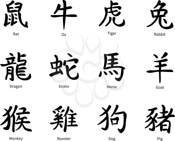 Chinese zodiac symbols, black hieroglyphs on white