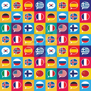 Colourful speech bubbles with different countries flags in flat design style, bright seamless pattern