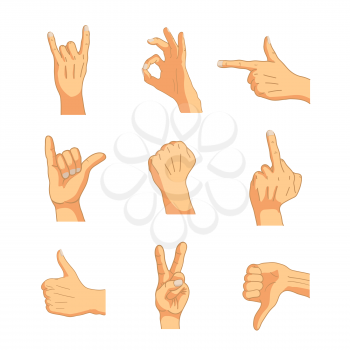 Common cartoon hand gestures, signs on white