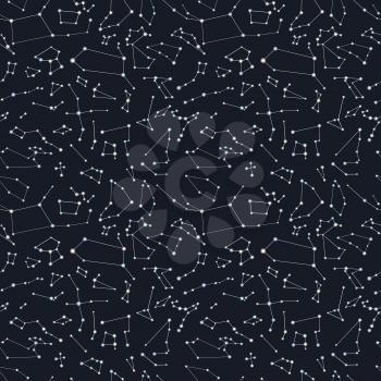 Constellations on dark nigth sky background seamless pattern