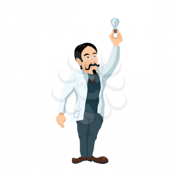 Cute cartoon young scientist character with lighting bulb isolated on white