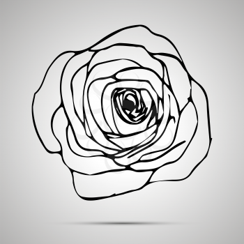 Detailed outline rose, simple black icon with shadow
