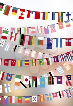 Different countries flags hangs on the ropes on blurred background