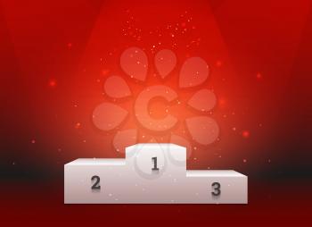 Empty template of white pedestal for winners on bright red background