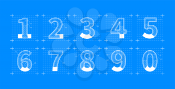 Engineering sketches of numbers. Blueprint style font on white.