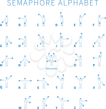 English semaphore alphabet blue person icons on white