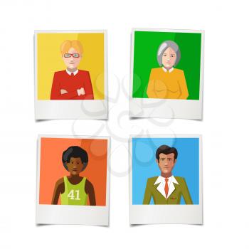 Four different polaroid instant photos with flat portraits of people on colourful backgrounds, isolated on white