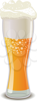 Full glass of light beer with foam, isolated on white