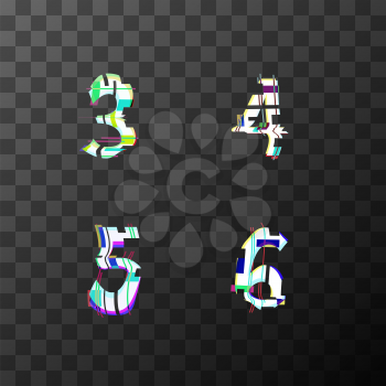 Glitch distortion font. Latin 3, 4, 5, 6 letters on transparent background