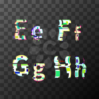 Glitch distortion font. Latin E, F, G, H letters on transparent background