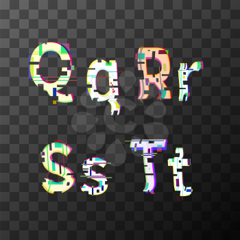 Glitch distortion font. Latin Q, R, S, T letters on transparent background