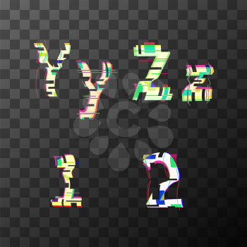 Glitch distortion font. Latin Y, Z, 1, 2 letters on transparent background