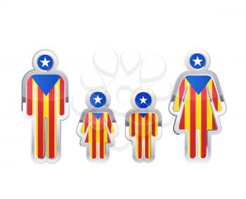 Glossy metal badge icon in man, woman and childrens shapes with Catalonia flag, infographic element isolated on white