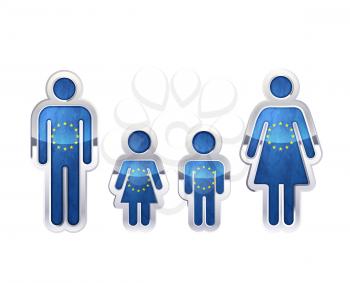 Glossy metal badge icon in man, woman and childrens shapes with European Union flag, infographic element isolated on white