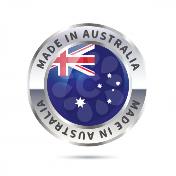Glossy metal badge icon, made in Australia with flag